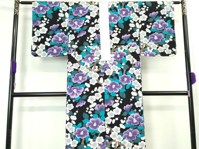 平和屋本店■長襦袢　袷　椿　梅　黒地　洗える着物　逸品　未使用　DZAA4724kh5