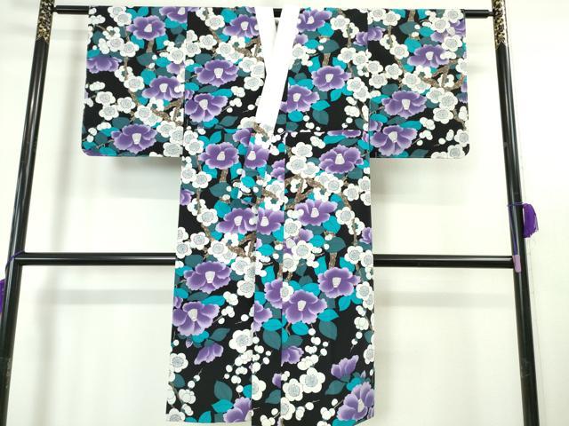 平和屋本店■長襦袢　袷　椿　梅　黒地　洗える着物　逸品　未使用　DZAA4724kh5