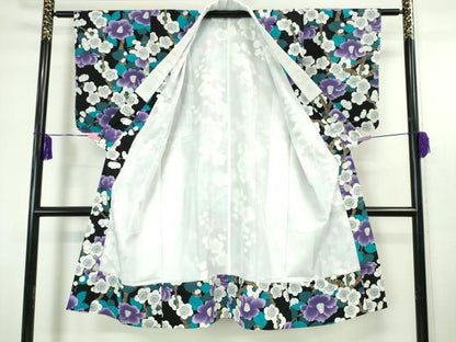 平和屋本店■長襦袢　袷　椿　梅　黒地　洗える着物　逸品　未使用　DZAA4724kh5