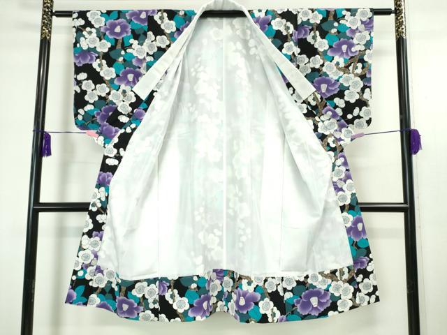 平和屋本店■長襦袢　袷　椿　梅　黒地　洗える着物　逸品　未使用　DZAA4724kh5
