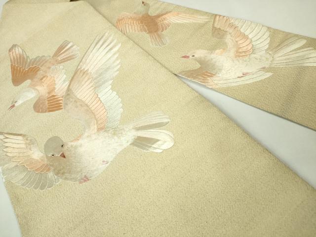 平和屋本店●極上 アンティーク 大正ロマン 綴れ 八寸名古屋帯 総手刺繍 鳩 熊手 金通し地 逸品 DZAA4745kh5