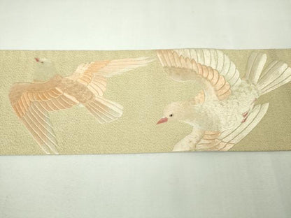 平和屋本店●極上 アンティーク 大正ロマン 綴れ 八寸名古屋帯 総手刺繍 鳩 熊手 金通し地 逸品 DZAA4745kh5