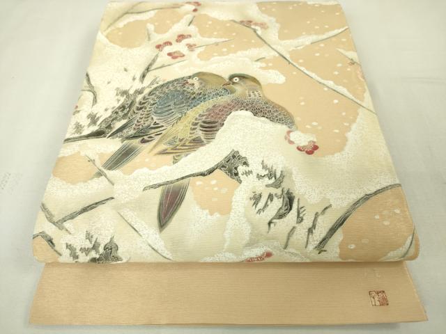 平和屋本店●極上 東京友禅 熊谷好博子 太鼓柄袋帯 刺繍 鳩 雪持ち梅 雄黄色地 金糸 逸品 DZAA4767kh5