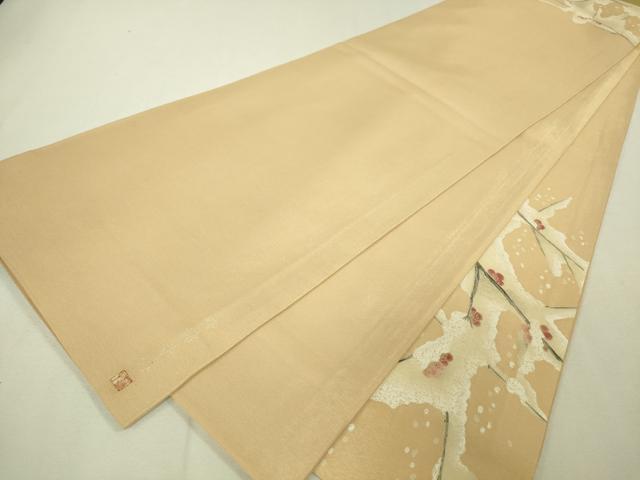 平和屋本店●極上 東京友禅 熊谷好博子 太鼓柄袋帯 刺繍 鳩 雪持ち梅 雄黄色地 金糸 逸品 DZAA4767kh5