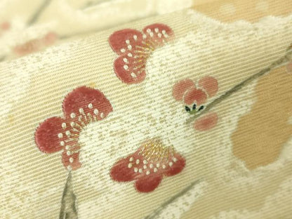 平和屋本店●極上 東京友禅 熊谷好博子 太鼓柄袋帯 刺繍 鳩 雪持ち梅 雄黄色地 金糸 逸品 DZAA4767kh5
