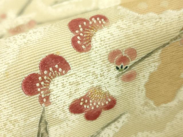平和屋本店●極上 東京友禅 熊谷好博子 太鼓柄袋帯 刺繍 鳩 雪持ち梅 雄黄色地 金糸 逸品 DZAA4767kh5