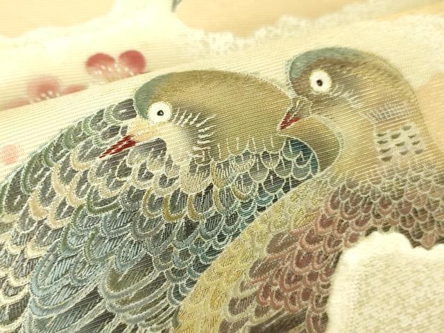 平和屋本店●極上 東京友禅 熊谷好博子 太鼓柄袋帯 刺繍 鳩 雪持ち梅 雄黄色地 金糸 逸品 DZAA4767kh5