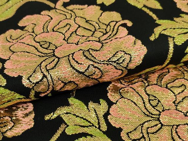 平和屋本店●極上 龍村美術織物 六通柄 本袋帯 福寿花王文 黒地 金糸 逸品 DZAA4782kh5
