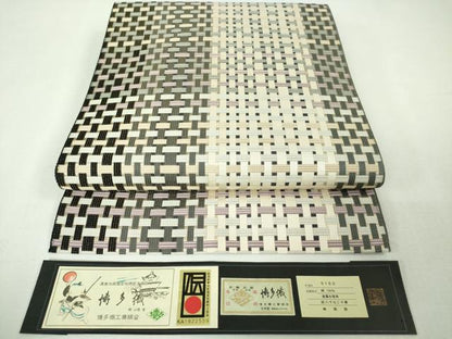 平和屋本店■極上　1897年創業 名門岡野 本場筑前博多織 千年工房　八寸名古屋帯　網代　博多金ラベル　証紙付き　逸品　DZAA4786kh5