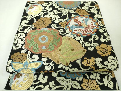 平和屋本店●極上 西陣 川島織物 六通柄 本袋帯 鳳凰花唐草文 黒地 金糸 逸品 DZAA4795kh5