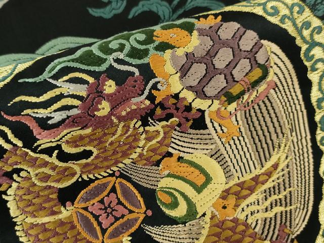 平和屋本店●極上 六通柄袋帯 唐織 龍 蓑亀 鳳凰 宝尽くし 黒地 金糸 鈴乃屋扱い 逸品 DZAA4828kh5