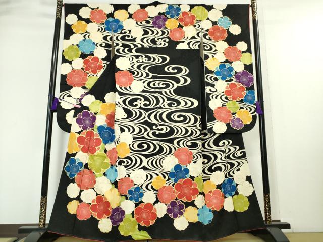 平和屋本店■極上　セミアンティーク　大正ロマン　振袖　駒刺繍　観世水　梅　黒地　金彩　逸品　DZAA4845kh5