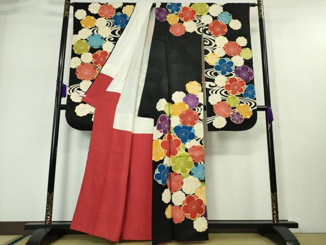 平和屋本店■極上　セミアンティーク　大正ロマン　振袖　駒刺繍　観世水　梅　黒地　金彩　逸品　DZAA4845kh5