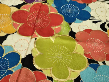 平和屋本店■極上　セミアンティーク　大正ロマン　振袖　駒刺繍　観世水　梅　黒地　金彩　逸品　DZAA4845kh5