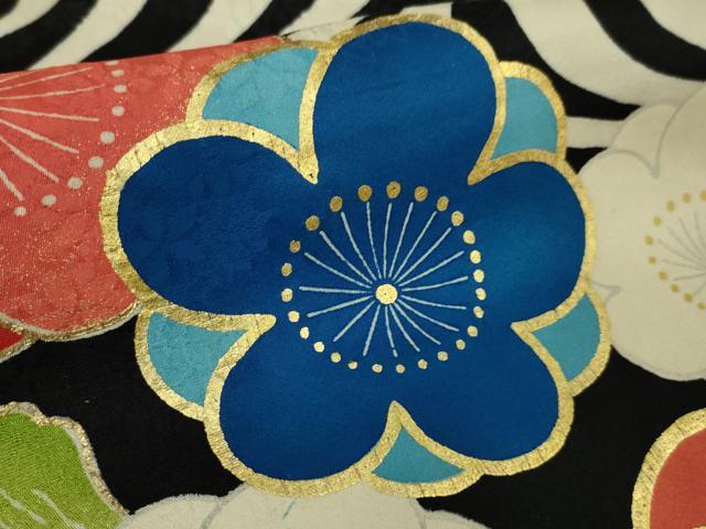 平和屋本店■極上　セミアンティーク　大正ロマン　振袖　駒刺繍　観世水　梅　黒地　金彩　逸品　DZAA4845kh5