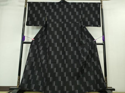 平和屋本店▽極上 綿紬 単衣 斜線文 綿 黒地 逸品 DZAA4859kh5
