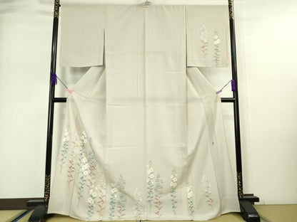 平和屋本店＊極上 夏物 本加賀友禅作家 沢飯芳雄 訪問着 絽縮緬 枝花文 灰白色地 逸品 未使用 DZAA4867kh6