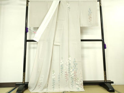 平和屋本店＊極上 夏物 本加賀友禅作家 沢飯芳雄 訪問着 絽縮緬 枝花文 灰白色地 逸品 未使用 DZAA4867kh6
