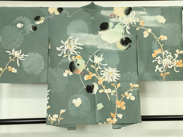 平和屋本店■極上　アンティーク　大正ロマン　羽織　手刺繍　乱菊　南天蔦の葉　藍鼠色地　逸品　DZAA4901kh5