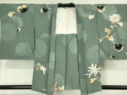 平和屋本店■極上　アンティーク　大正ロマン　羽織　手刺繍　乱菊　南天蔦の葉　藍鼠色地　逸品　DZAA4901kh5