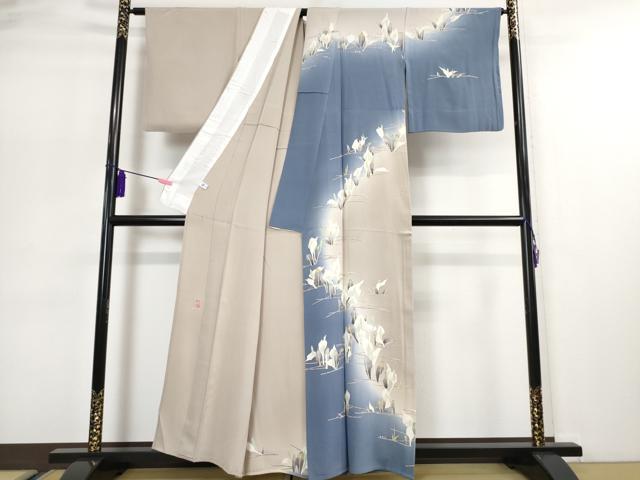 平和屋本店■極上　本加賀友禅作家　松井眞夫　訪問着　単衣　水芭蕉　灰白色地　暈し染め　逸品　DZAA4912kh5