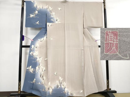 平和屋本店■極上　本加賀友禅作家　松井眞夫　訪問着　単衣　水芭蕉　灰白色地　暈し染め　逸品　DZAA4912kh5