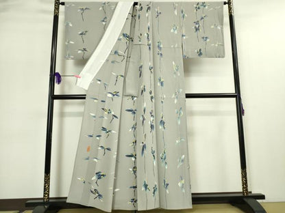 平和屋本店■極上　本加賀友禅作家　由水煌人　訪問着　単衣　藍　枝葉　素鼠色地　逸品　DZAA4913kh5