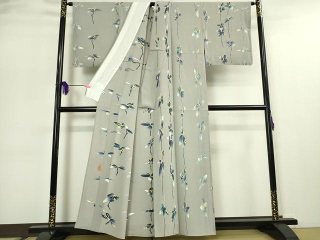 平和屋本店■極上　本加賀友禅作家　由水煌人　訪問着　単衣　藍　枝葉　素鼠色地　逸品　DZAA4913kh5