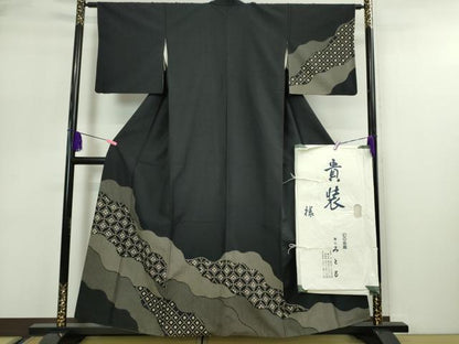 平和屋本店●極上 青山みとも 訪問着 紬地 道長文 黒地 たとう紙付き 逸品 DZAA4916kh5