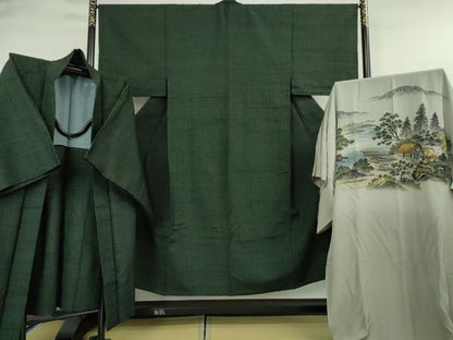 平和屋本店●希少 男性 ざざんざ織 単衣 アンサンブル 長襦袢(袷)3点セット 百入り茶色地 逸品 DZAA4938kh5