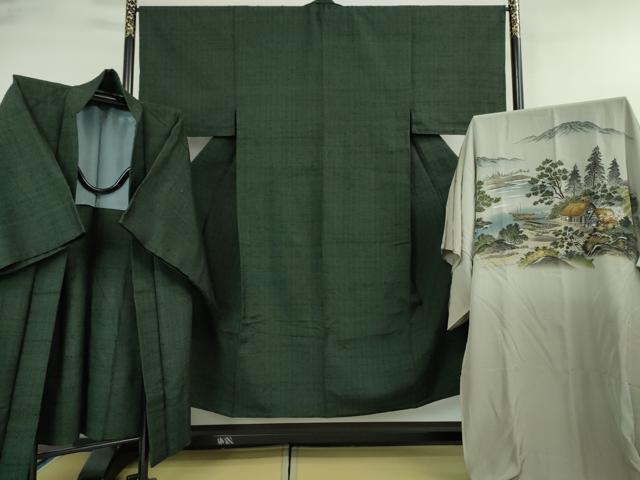 平和屋本店●希少 男性 ざざんざ織 単衣 アンサンブル 長襦袢(袷)3点セット 百入り茶色地 逸品 DZAA4938kh5