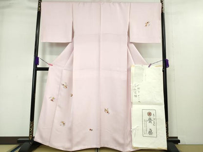 平和屋本店●希少　京都祇園の老舗 ぎをん齋藤　付下げ　総刺繍　駒刺繍　小花縫　撫子色地　金糸　たとう紙・反端付き　逸品　DZAA4965kh5