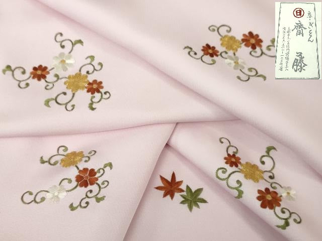 平和屋本店●希少　京都祇園の老舗 ぎをん齋藤　付下げ　総刺繍　駒刺繍　小花縫　撫子色地　金糸　たとう紙・反端付き　逸品　DZAA4965kh5