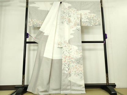平和屋本店●極上 石川県指定無形文化財 牛首紬 白山工房 手織り 訪問着 舞蝶草花文 証紙付き 逸品 DZAA4971kh5