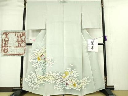 平和屋本店●極上 人間国宝・羽田登喜男 色留訪問着 鴛鴦 紫草 秘色色地 暈し染め 色紙付き 逸品 DZAA4986kh5