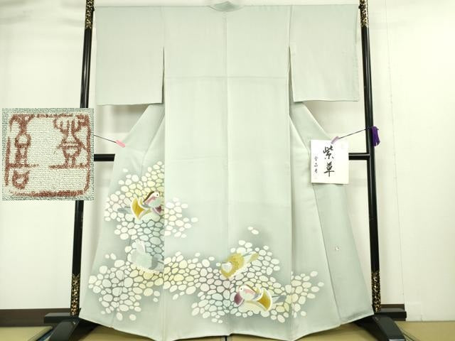 平和屋本店●極上 人間国宝・羽田登喜男 色留訪問着 鴛鴦 紫草 秘色色地 暈し染め 色紙付き 逸品 DZAA4986kh5