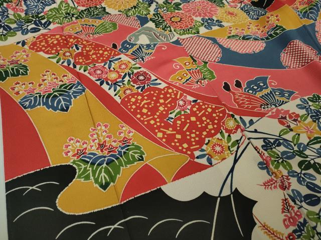 平和屋本店●極上 和染紅型 栗山紅型 栗山吉三郎 振袖 舞蝶花文 鬼しぼ縮緬 黒地 逸品 DZAA4990kh5
