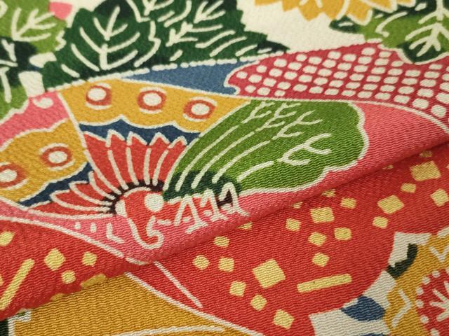 平和屋本店●極上 和染紅型 栗山紅型 栗山吉三郎 振袖 舞蝶花文 鬼しぼ縮緬 黒地 逸品 DZAA4990kh5