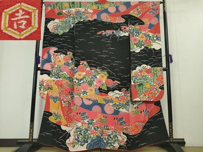 平和屋本店●極上 和染紅型 栗山紅型 栗山吉三郎 振袖 舞蝶花文 鬼しぼ縮緬 黒地 逸品 DZAA4990kh5