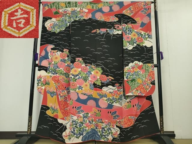 平和屋本店●極上 和染紅型 栗山紅型 栗山吉三郎 振袖 舞蝶花文 鬼しぼ縮緬 黒地 逸品 DZAA4990kh5