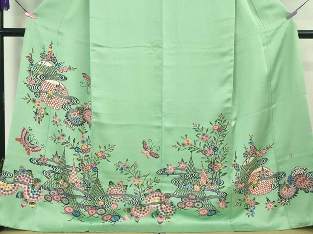 平和屋本店●最高級 城間栄順 本場琉球紅型 訪問着 舞蝶網干花文 若緑色地 高島屋扱い 逸品 DZAA4991kh5