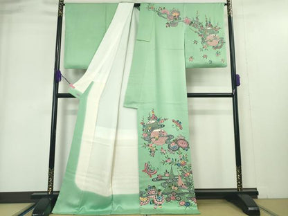 平和屋本店●最高級 城間栄順 本場琉球紅型 訪問着 舞蝶網干花文 若緑色地 高島屋扱い 逸品 DZAA4991kh5