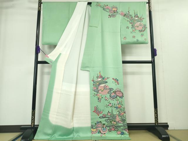 平和屋本店●最高級 城間栄順 本場琉球紅型 訪問着 舞蝶網干花文 若緑色地 高島屋扱い 逸品 DZAA4991kh5