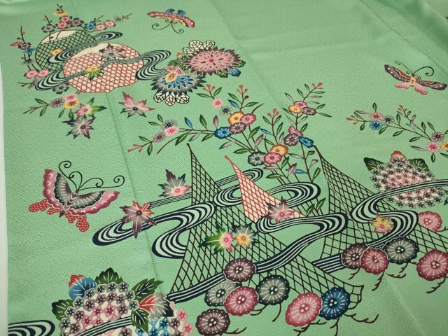 平和屋本店●最高級 城間栄順 本場琉球紅型 訪問着 舞蝶網干花文 若緑色地 高島屋扱い 逸品 DZAA4991kh5
