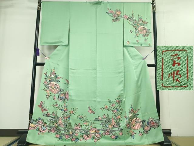 平和屋本店●最高級 城間栄順 本場琉球紅型 訪問着 舞蝶網干花文 若緑色地 高島屋扱い 逸品 DZAA4991kh5