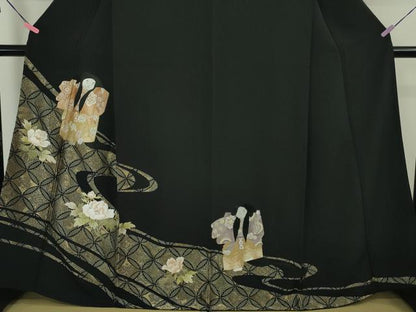 平和屋本店●極上 山口静樹 山口美術織物 訪問着 御衣 錦繍 刺繍 人物 草花 黒地 金糸 冊子付き 逸品 DZAA4995kh5