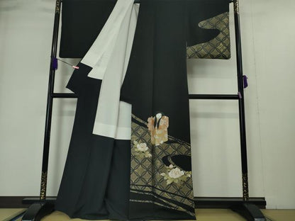 平和屋本店●極上 山口静樹 山口美術織物 訪問着 御衣 錦繍 刺繍 人物 草花 黒地 金糸 冊子付き 逸品 DZAA4995kh5