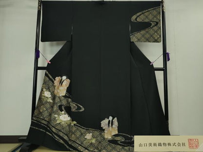 平和屋本店●極上 山口静樹 山口美術織物 訪問着 御衣 錦繍 刺繍 人物 草花 黒地 金糸 冊子付き 逸品 DZAA4995kh5