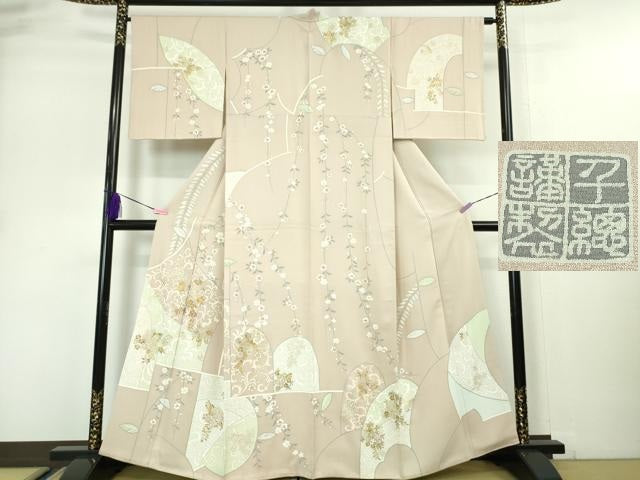 平和屋本店●極上 創業460年・千總 訪問着 枝垂れ花 薄柿色地 金彩 三越扱い 逸品 DZAA5014kh5