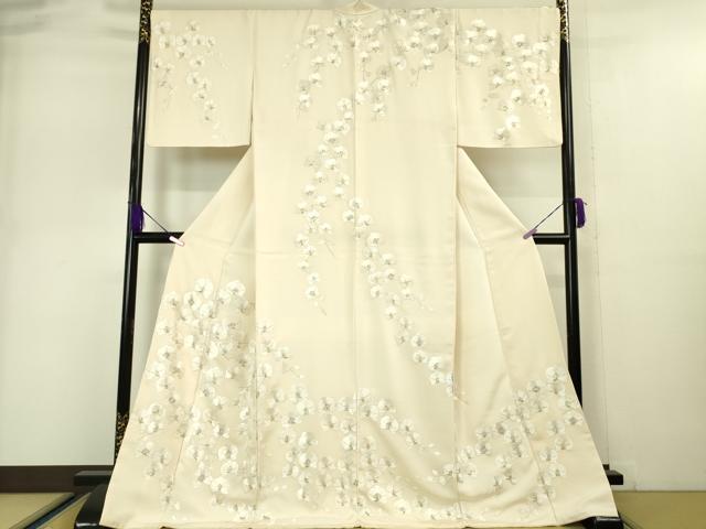 平和屋本店●極上 訪問着 総刺繍 スパンコール 胡蝶蘭 薄卵色地 金糸 ロング丈 逸品 DZAA5019kh5